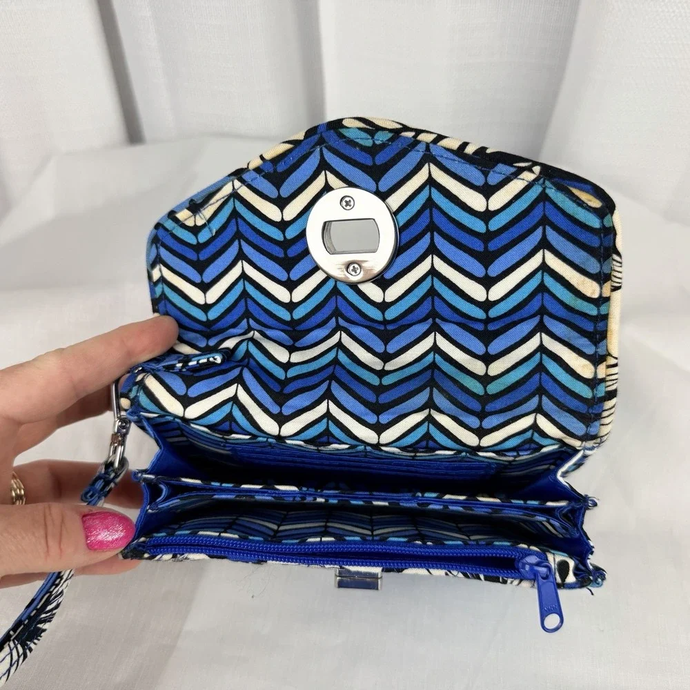 Vera Bradley Midnight Blue/Black/WHT Floral Turnlock Zip Clutch Wallet READ
